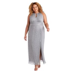 Women's R & M Richards Metallic Knit Keyhole Halter Gown Silver Size 18W NWT
